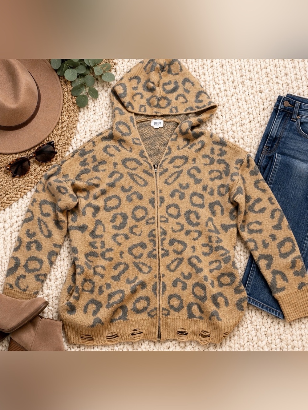 BiBi Leopard Print Hooded Zip Up Sweater Cardigan Distressed Hem Beige Gray